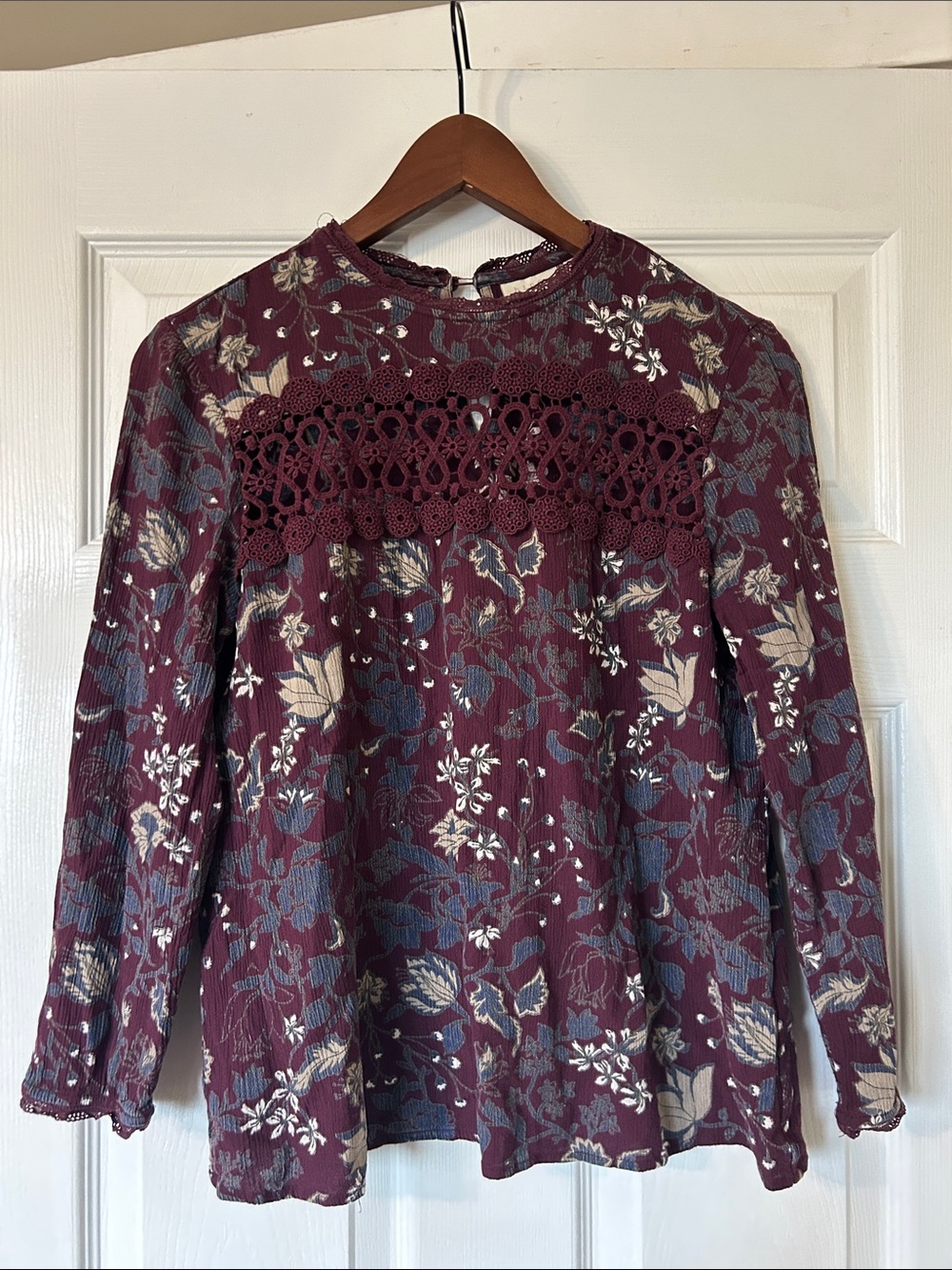 hinge Burgundy Floral Lace-Yoke Long Sleeve Blouse